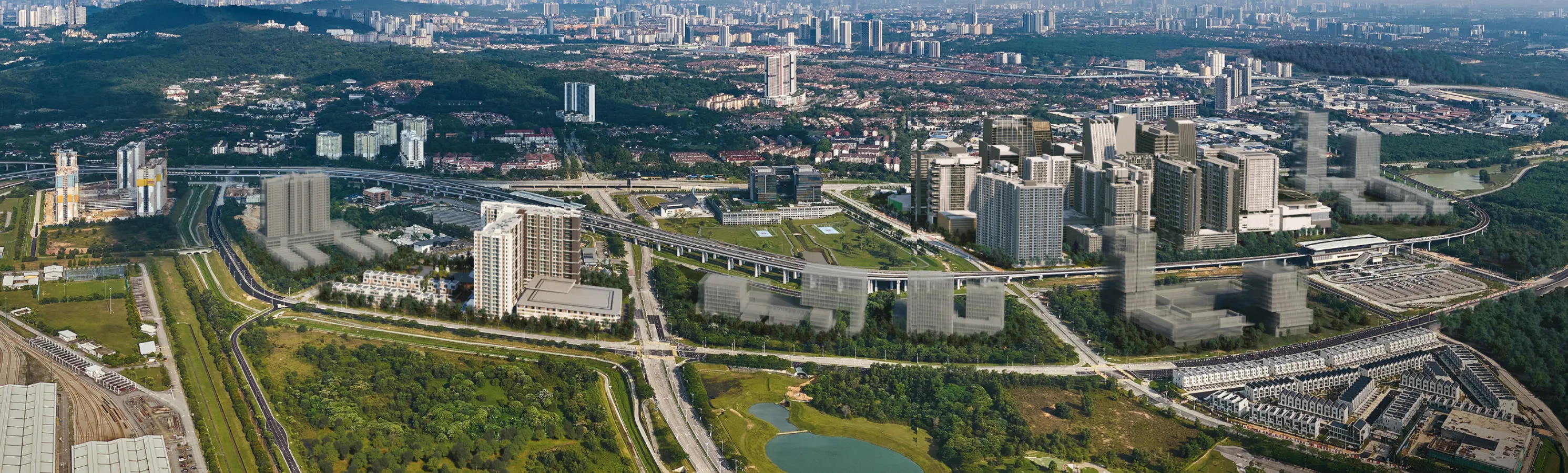 Aerial view of Kwasa Damansara with the MRT line and the lake